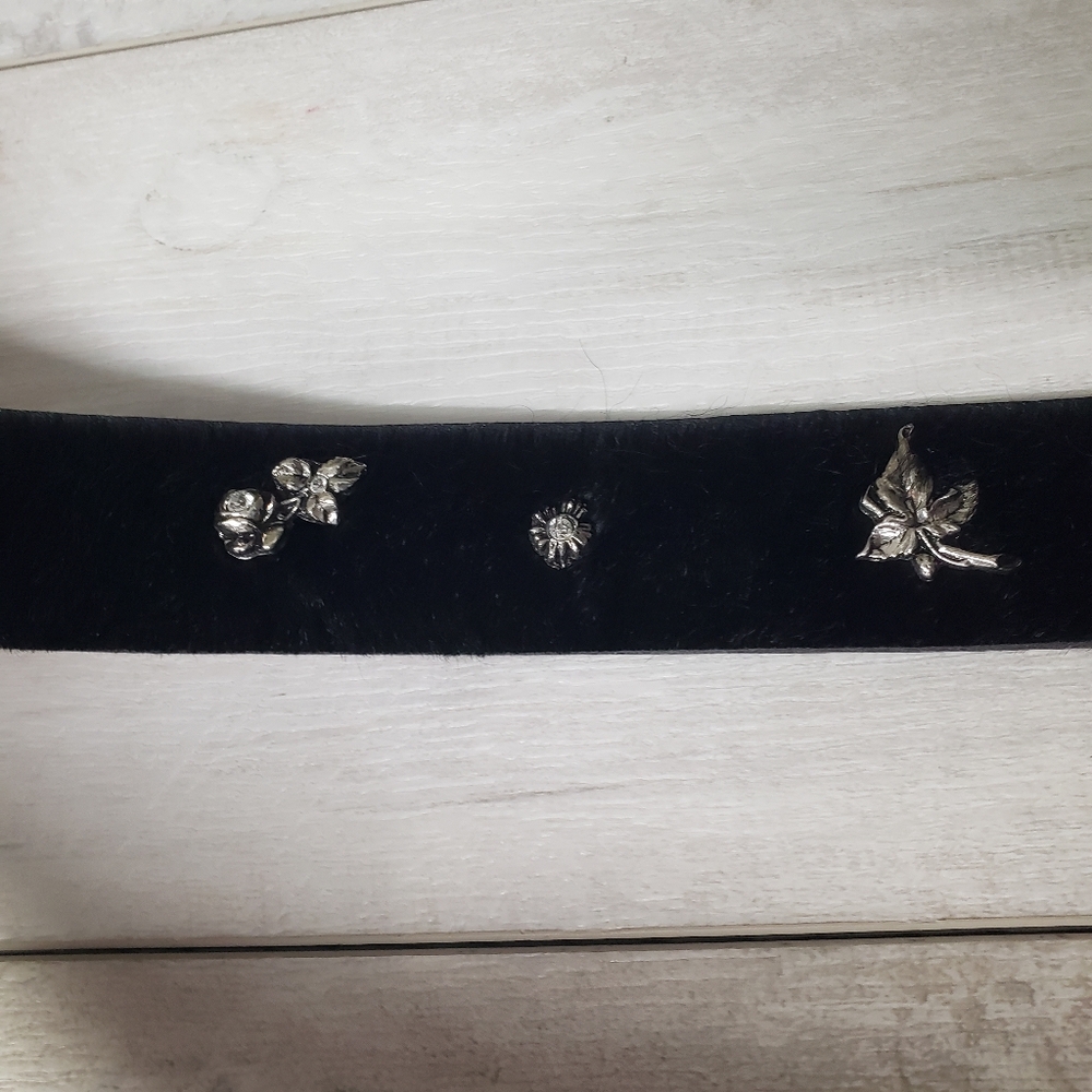 Berge Black Pony Hair Calf Hair Belt Silver Botanical Details Buckle Boho Edgy - Picture 9 of 15